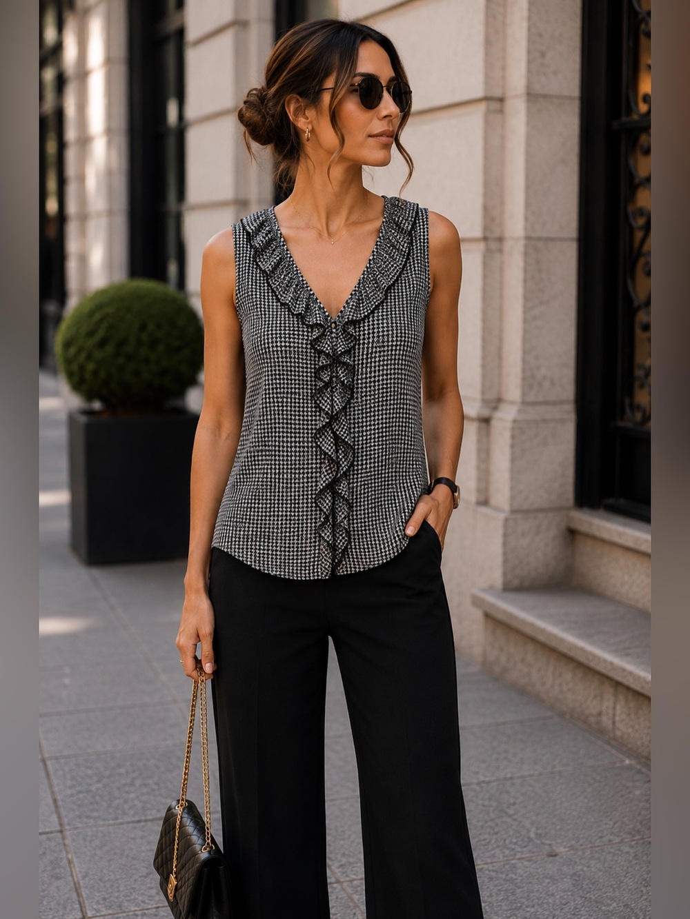 Banana Republic Black & White Houndstooth Ruffle Blouse | Size SP (Small Petite)